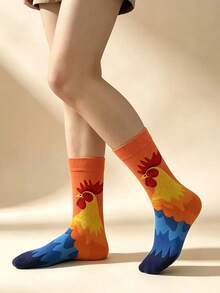 2Pairs Women Cute Rooster & Goose Print Crew Socks, Color Block Novelty Cartoon Animal Mid Calf Socks, Casual Soft Fashion Socks - Multicolor - View 7