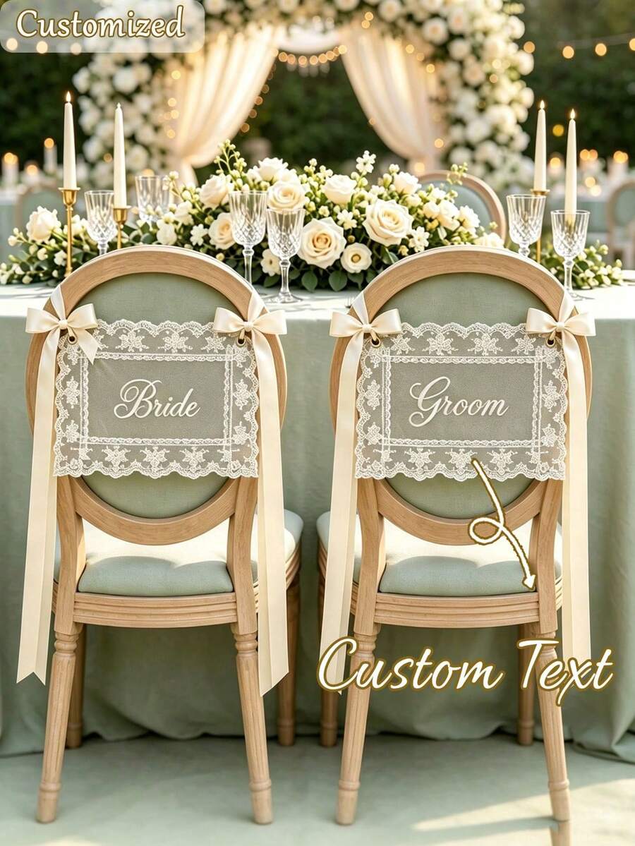 2pcs/Set Customized Lace Wedding Chair Back Decor, Personalized Elegant Lace Chair Back Ornament Transparent Lace, Groom & Bride Chair Back Decoration, Transparent Lace Wedding Photo Backdrop Banner Set - Multicolor - View 1