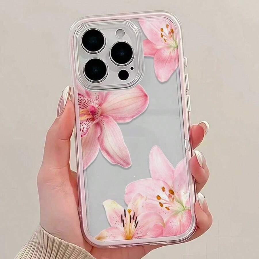 1pc Pink Butterfly Flower Pattern New Personalized Frame 2-In-1 Transparent Full Coverage TPU Shockproof Fashion Phone Case Compatible With IPhone 11 12 13 14 15 16 17 Pro Max - Multicolor - View 1