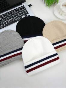 1pc Classic Striped Knit Beanie For Men And Women, Ribbed Cuff Warm Skull Cap, Stretch Fit Streetwear Hat For Fall Winter Travel And Outdoor Wear - A - View 9