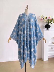 1件式優雅花卉刺繡開襟和服式圍裙女款，春夏波希米亞風外衣，海灘度假防曬裝飾刺繡開襟衫，適合日常穿搭，完美禮物選擇 - 藍色 - 查看 4