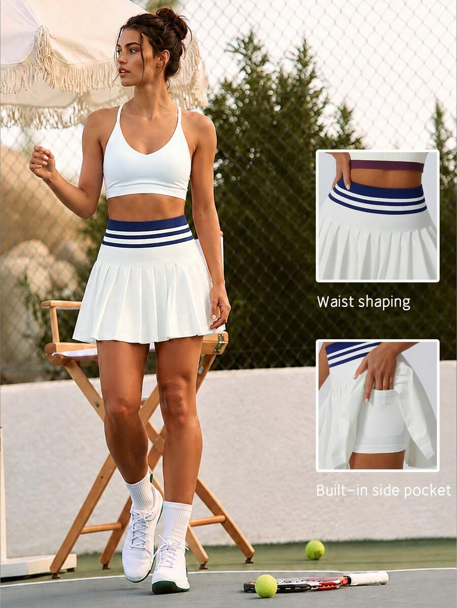 Rok Tenis Wanita Putih Colorblock Pinggang Tinggi, Saku Terintegrasi dan Celana Pendek Musim Panas - Putih - View 1