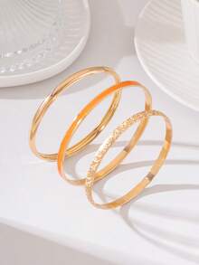 3pcs Fashion Versatile Metal Texture Oil Drop Enamel Bracelet Set For Women, French Vintage Summer Minimalist Beach Vacation Daily Wear - Geometry - View 3