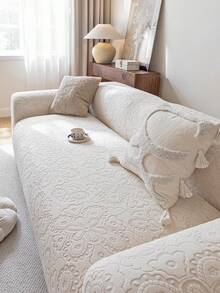 1pc Jacquard Solid Color Elastic Full Coverage One-Piece Sofa Cover, Minimalist Pet-Friendly Anti-Slip Anti-Scratch, Suitable For All Seasons, Machine Washable, Holiday Home Decor Dust-Proof Sofa Protector - Beige - View 6