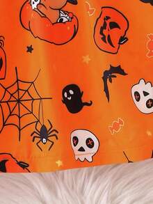 Girls' Halloween Skeleton Ghost Pumpkin Spider All-Over Print Patchwork Ribbed Long Sleeve Round Neck Dress, Suitable For Vacation, Party, Outdoor, Spring And Autumn - Black - View 7