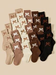 5/10 Pairs Girls Socks With Bow Knot Pattern Decoration, Simple Fashion Versatile Casual, Skin-Friendly Comfortable Soft Breathable Mid-Calf Socks, Suitable For Daily Wear/Holiday Gifts/Back To School Season, Random Color - Multicolor - View 1