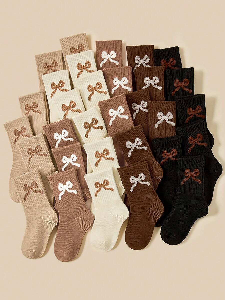 5/10 Pairs Girls Socks With Bow Knot Pattern Decoration, Simple Fashion Versatile Casual, Skin-Friendly Comfortable Soft Breathable Mid-Calf Socks, Suitable For Daily Wear/Holiday Gifts/Back To School Season, Random Color - Multicolor - View 1
