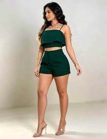 Solid Women's Tailored Set, Cropped Top And Shorts - Army Green - View 3