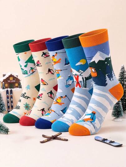 5 Pairs Unisex Autumn/Winter Fashion Ski Theme Mid-Calf Socks, Street Style Casual Sports Socks, Perfect Gift For Ski Enthusiasts