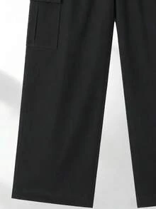 Men's Spring/Summer Streetwear Cargo Pants, Loose Straight Leg Casual Long Pants, Brand Drawstring Draped Wide Leg Trousers - Black - View 5