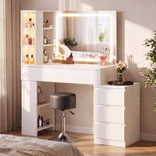 Devoko Vanity Table With LED Mirror, Dressing Table With 5 Drawers, 3 Illuminated Display Cabinets, Open Shelves, Bag Storage, Power Panel, And Selectable Chair Combination, White - 查看 2