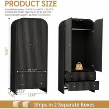 Arched Armoire Wardrobe Closet, Mid Century Modern 2 Door Freestanding Wardrobe Armoire, Fluted Carved Clothing Storage Cabinet Organizer Holder Unit For Bedroom Entryway, Natural Wood - Black - View 3