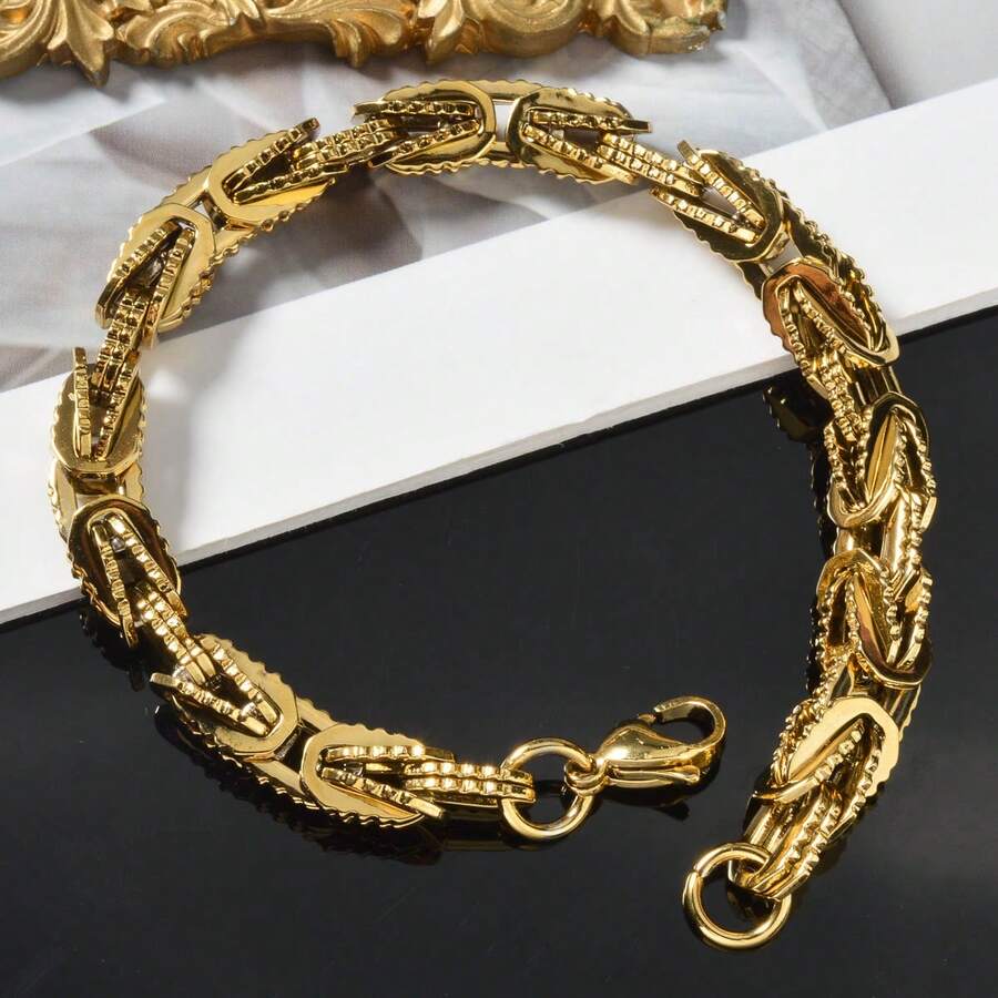 1pc Stainless Steel Thick Classic 18K Gold Plated Hip Hop Punk Style Braided Bracelet, Unisex Fashion Accessory, Suitable For Daily And Party Wear - Gold - View 1