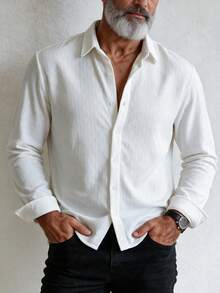 GOLDREDY Men's Jacquard Textured Shirt, Solid Color Loose Long Sleeve Blouse, White Plaid 3D Texture, Casual Commuter Versatile Top For Spring And Autumn - White - View 2