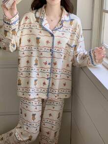 2pcs/Set Women's Pajamas Spring/Autumn Long Sleeve Long Pants Skin-Friendly Homewear Cute Puppy Print Open Front Set - Multicolor - View 6