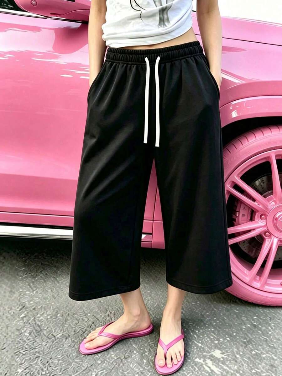 女款花卉灰色寬腿九分運動褲,休閒寬鬆夏季日常居家穿著黑色 - 黑色 - 查看 1