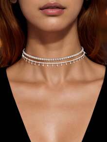 1pc Fashion Elegant Double Layer Silver Chain Necklace, Suitable For Party And Social Occasions - Silver - View 1