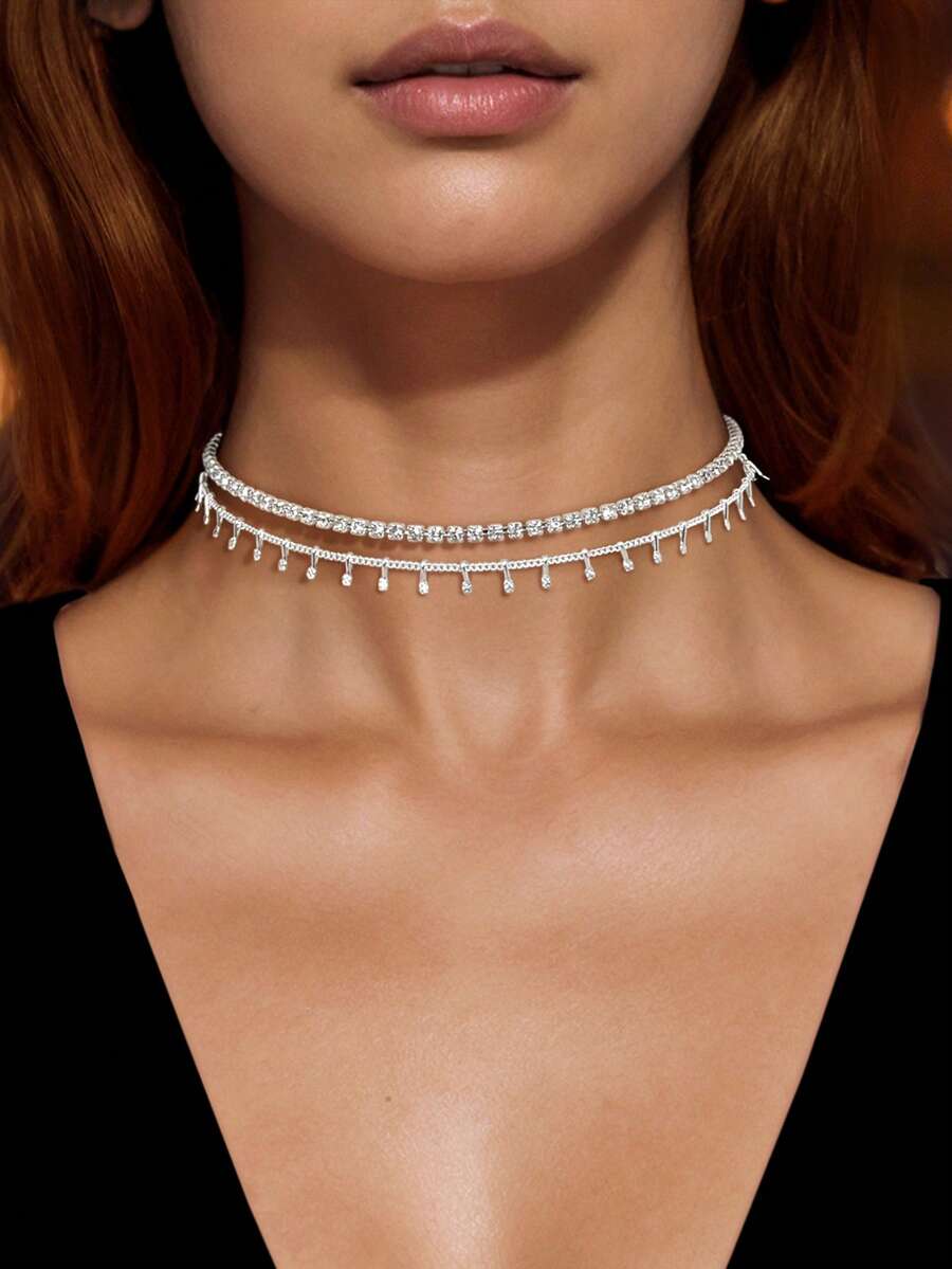 1pc Fashion Elegant Double Layer Silver Chain Necklace, Suitable For Party And Social Occasions - Silver - View 1