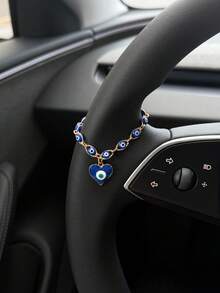 1件惡魔之眼汽車方向盤掛鏈，銀色調藍色納扎爾珠吊墜，閃亮水鑽土耳其惡魔之眼飾品，女性幸運守護車內飾配件，通用於大多數車型，波希米亞風裝飾 - 惡魔眼A - 查看 4