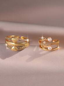 jealous young 2pcs/1pc Luxury Multi-Layer Women Ring Set, Fashion Heart & Moon Star Pearl Inlaid Cubic Zirconia Jewelry For Daily Wear, Date, Travel, Wedding, Party - Gold - View 1