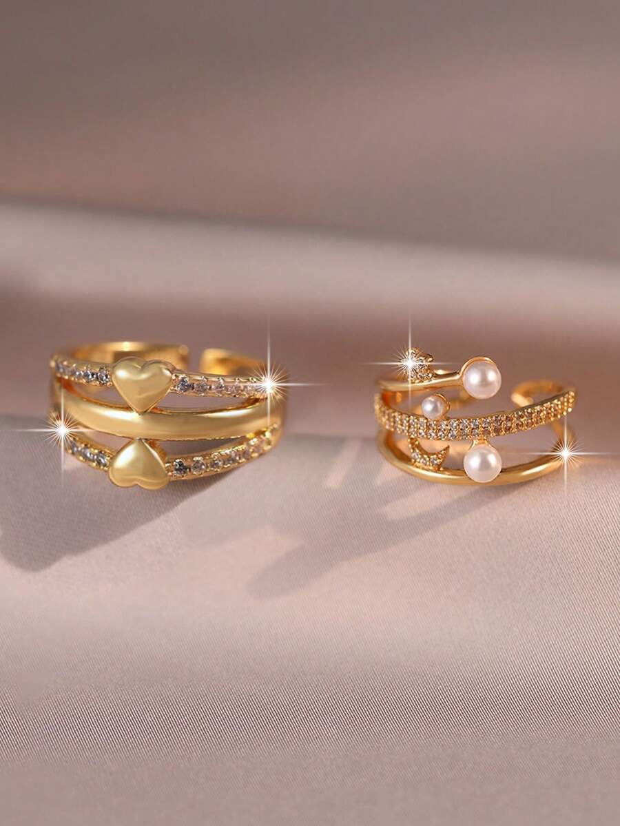 jealous young 2pcs/1pc Luxury Multi-Layer Women Ring Set, Fashion Heart & Moon Star Pearl Inlaid Cubic Zirconia Jewelry For Daily Wear, Date, Travel, Wedding, Party - Gold - View 1