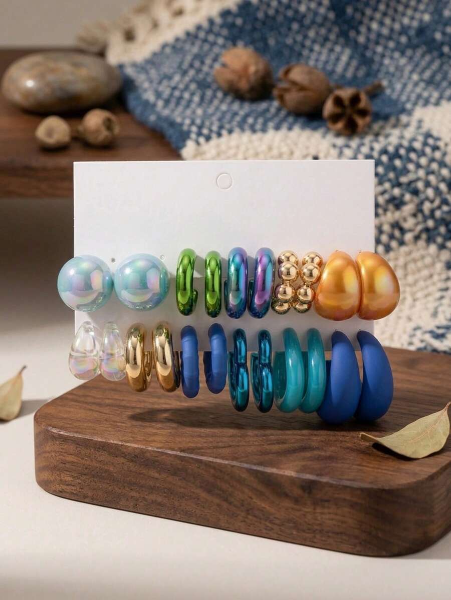 Set Anting Akrilik Berbentuk C Warna-warni Gaya Y2K 11 Pasang, Perhiasan Telinga Manis Gaya Korea