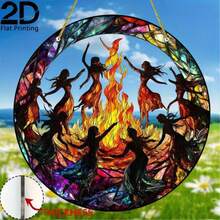 2D Flat Style 1pc Round Acrylic "Flame Witch Dancing" Sun Catcher Hanging Ornament, Flame Silhouette Print, Waterproof Light-Absorbing Window Decor, Perfect For Pagan Style Home Decoration, Halloween Gift - Colorful - View 2
