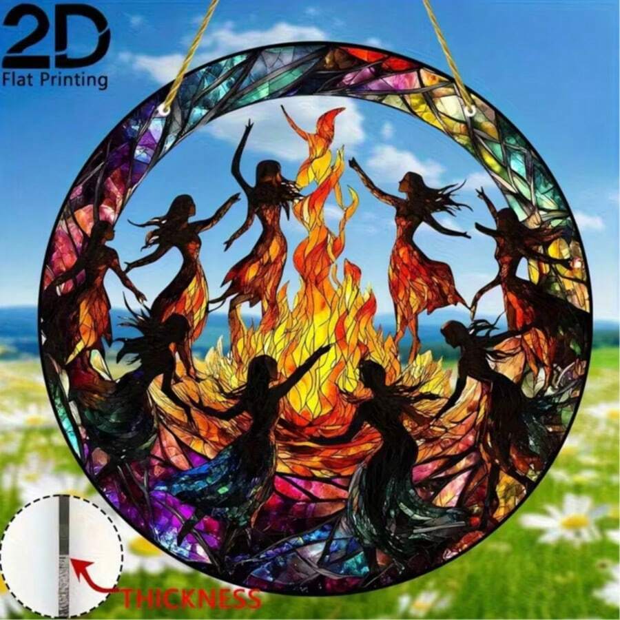 2D Flat Style 1pc Round Acrylic "Flame Witch Dancing" Sun Catcher Hanging Ornament, Flame Silhouette Print, Waterproof Light-Absorbing Window Decor, Perfect For Pagan Style Home Decoration, Halloween Gift