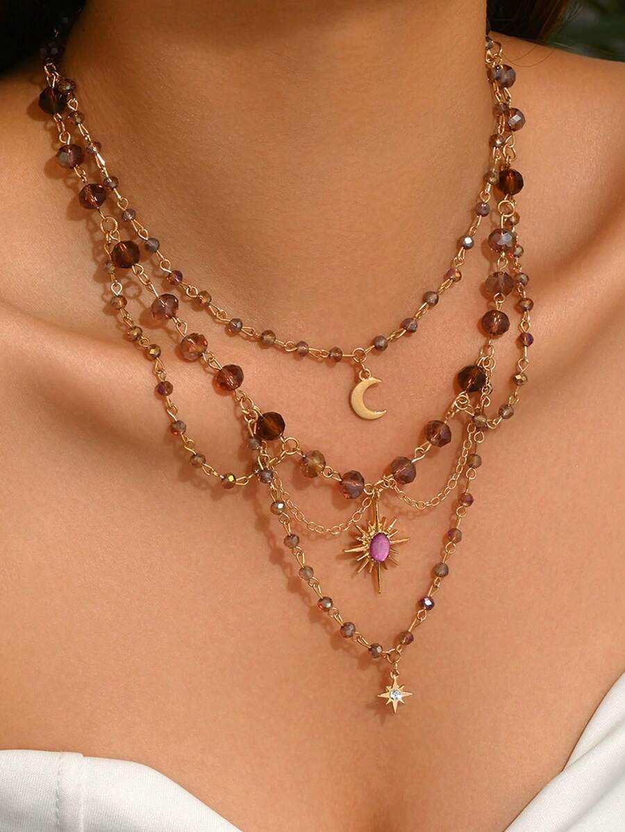 1pc Multi-Layer Asymmetrical Moon Pendant Necklace, Layered Design Artificial Crystal Bead Necklace, Suitable For Women - Multicolor - View 1