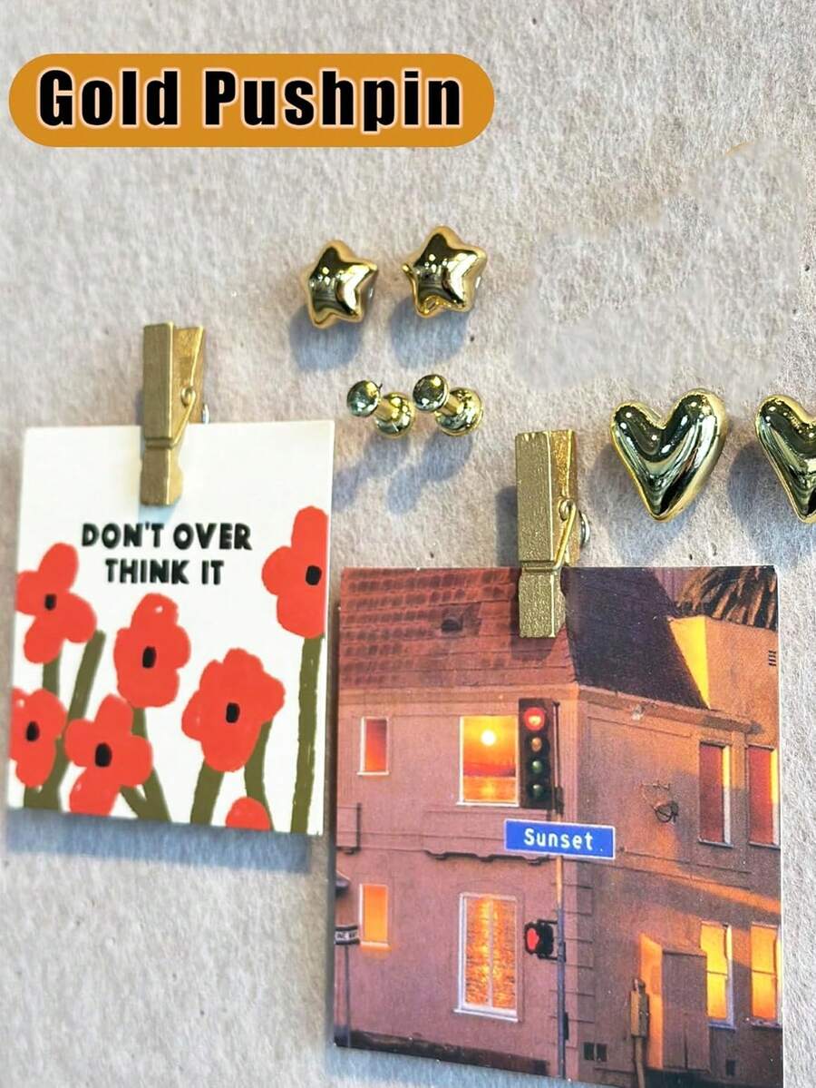 35pcs Gold-Plated Plastic Push Pins, Multi-Functional Office Supplies, Suitable For Cork Board Decoration, Bulletin Board Arrangement, Photo Wall Embellishment, Document Fixing, Map Marking, Handmade DIY Projects, Classroom, Dormitory And Desktop Storage - Sets - View 1