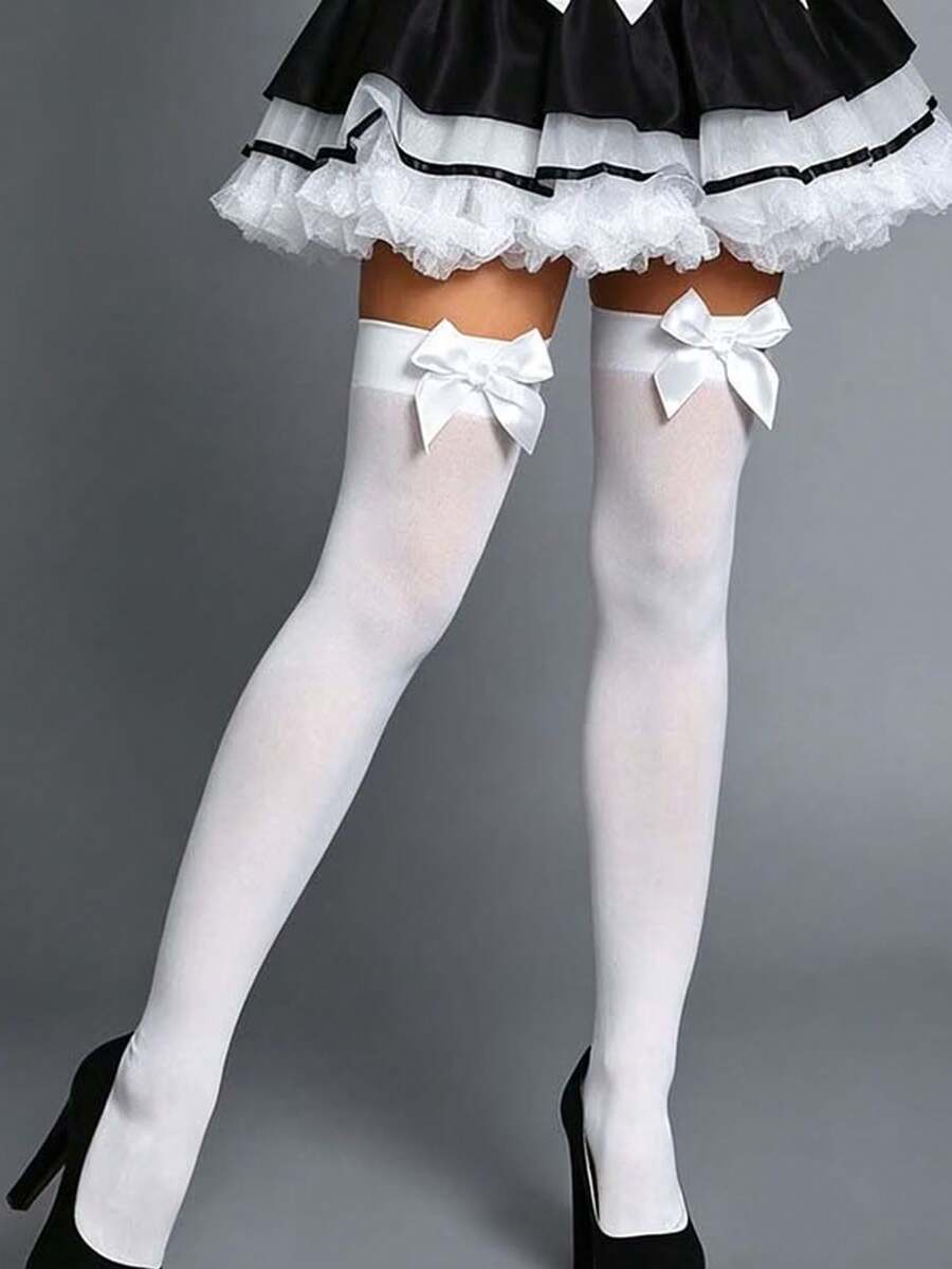 1 Pair Women's White Over-The-Knee Socks With Bow Design, Solid Color Knee-High Socks, Cute Socks, Suitable For Halloween Party And Daily Casual Wear - Multicolor - View 1