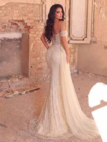 Elasola Charming Off-Shoulder Mesh Train Evening Gown For Women, Lace-Up Back Wedding Party Fall - Apricot - View 3