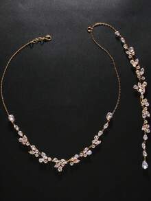 1pc Rhinestone Flower Reversible Necklace With Back Chain, Rhinestone Flower Collarbone Chain Paired With Long Water Drop Crystal Back Drop Chain, Women's Backless Wedding Dress Evening Gown Bridal Shiny Back Accessory - Rhinestone - View 5