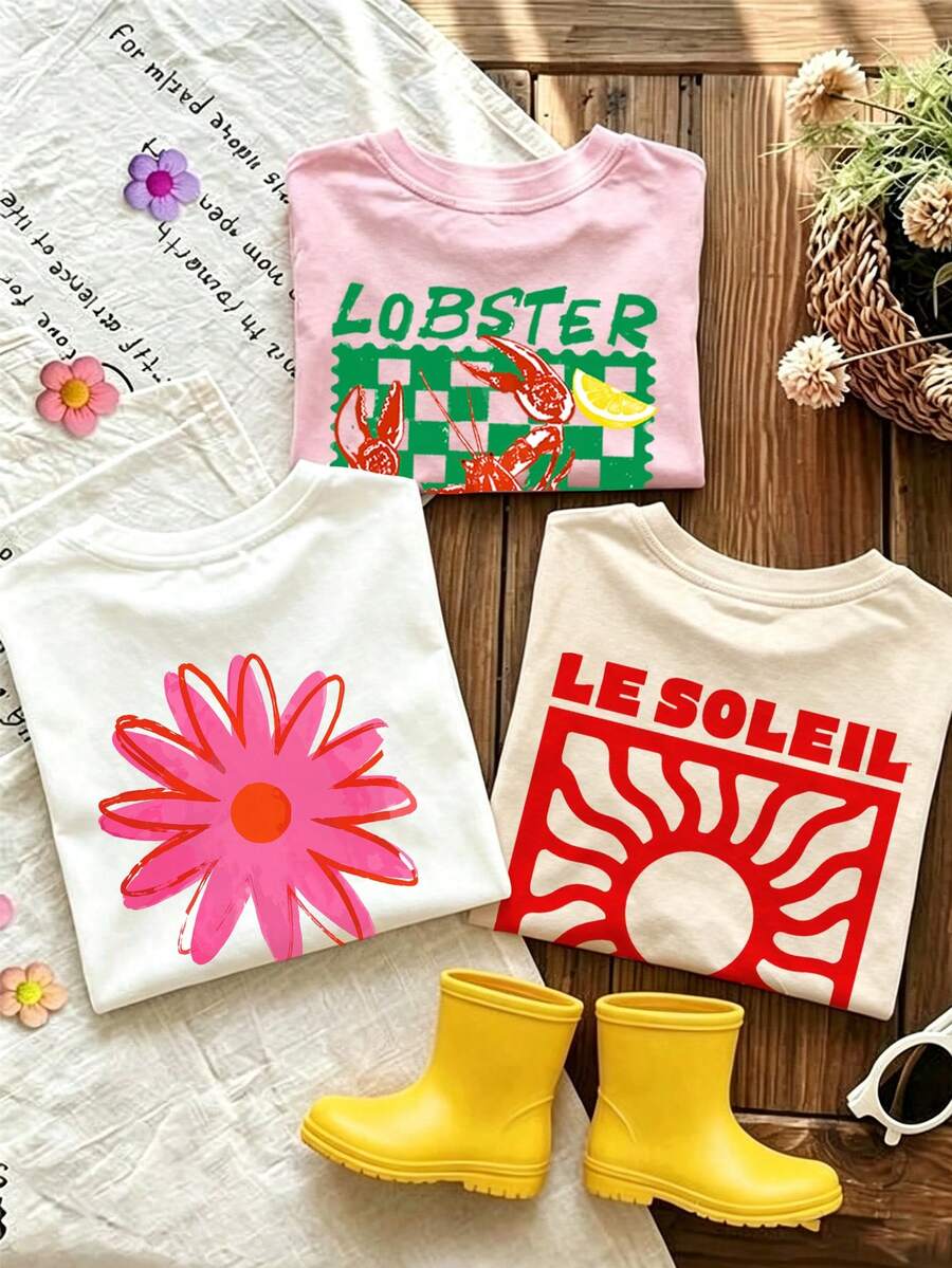 3pcs Young Girl Casual Graphic Long Sleeve Tee, Lobster Flower Sun Print Crew Neck Soft Breathable Basic Tops For Spring Fall - Multicolor - View 1