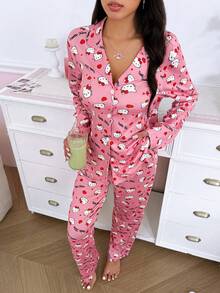 Noctvar OBM Sleepwear X Hello Kitty طقم بيجامة نسائي بطبعة هالو كيتي وردية لطيفة على كامل التصميم مع كارديجان بياقة، ملابس منزلية ناعمة ومريحة بأسلوب أنثوي، طقم من قطعتين - وردي - مشاهدة 4