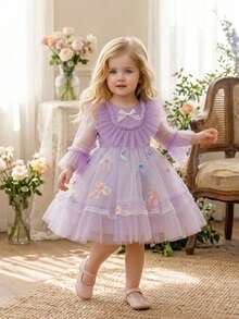 Baby Girls Long Sleeve Multi-Color Bow Tulle Cute Birthday Dress, Fabric Floral Pattern Random Cut, Headband Not Included - Mauve Purple - View 4