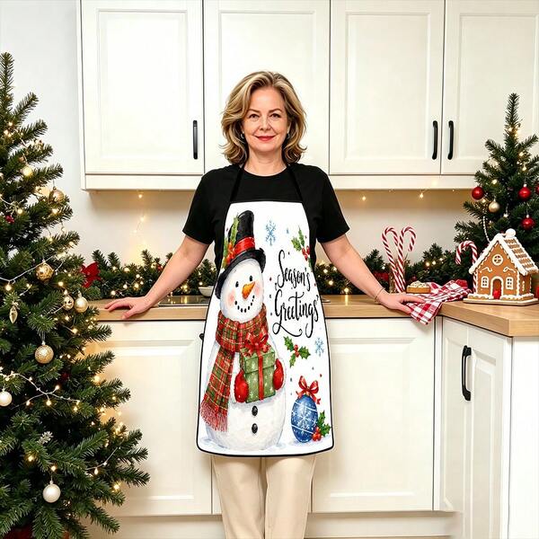 1pc Christmas Santa, Christmas Bell, Christmas Snowflake, Christmas Reindeer, Christmas Tree, Christmas Snowman, Christmas Penguin, Christmas Cartoon Animal Pattern Chef Apron, Apron, Suitable For Home Decor And Kitchen Use. Made Of 100% Polyester Material, Designed As Sleeveless Style, Perfect For Home Kitchen, Outdoor BBQ Cooking. This Printed Apron Is Unisex, Machine Washable And Reusable, An Essential Kitchen Item