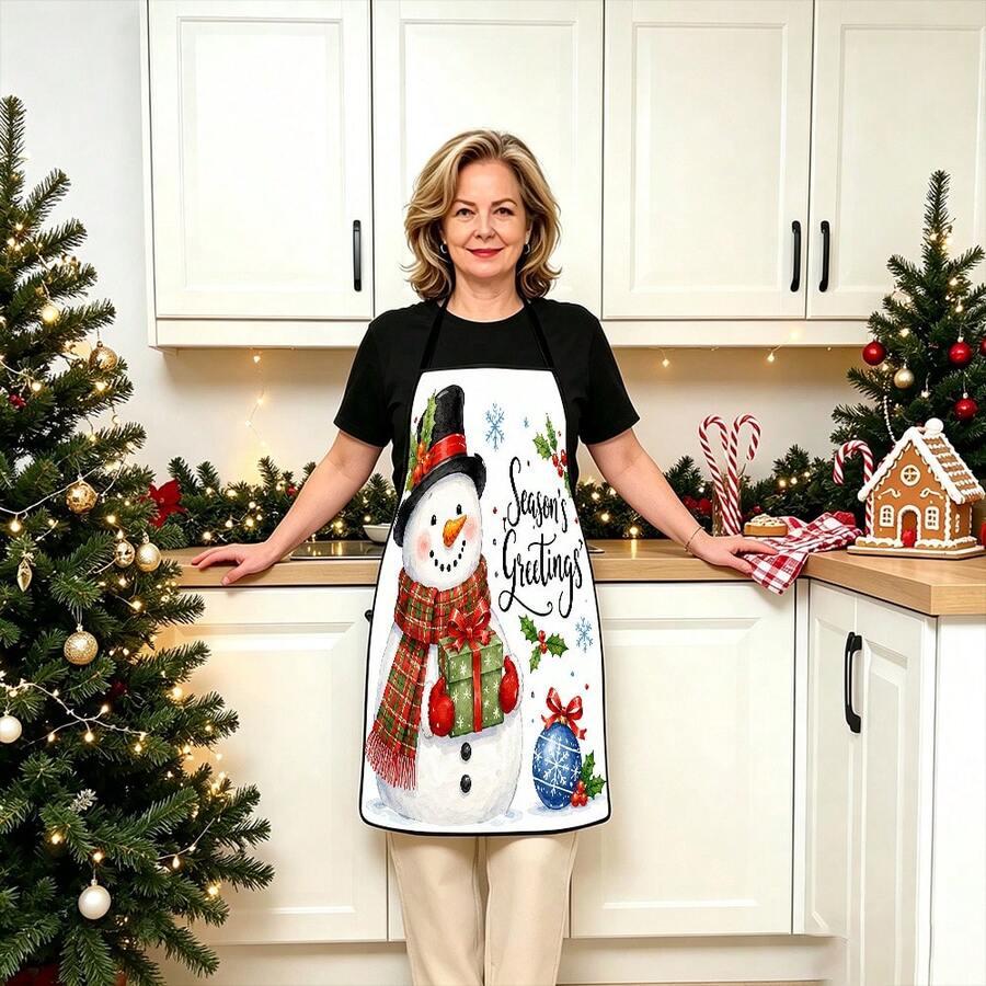 1pc Christmas Santa, Christmas Bell, Christmas Snowflake, Christmas Reindeer, Christmas Tree, Christmas Snowman, Christmas Penguin, Christmas Cartoon Animal Pattern Chef Apron, Apron, Suitable For Home Decor And Kitchen Use. Made Of 100% Polyester Material, Designed As Sleeveless Style, Perfect For Home Kitchen, Outdoor BBQ Cooking. This Printed Apron Is Unisex, Machine Washable And Reusable, An Essential Kitchen Item - Multicolor - View 1