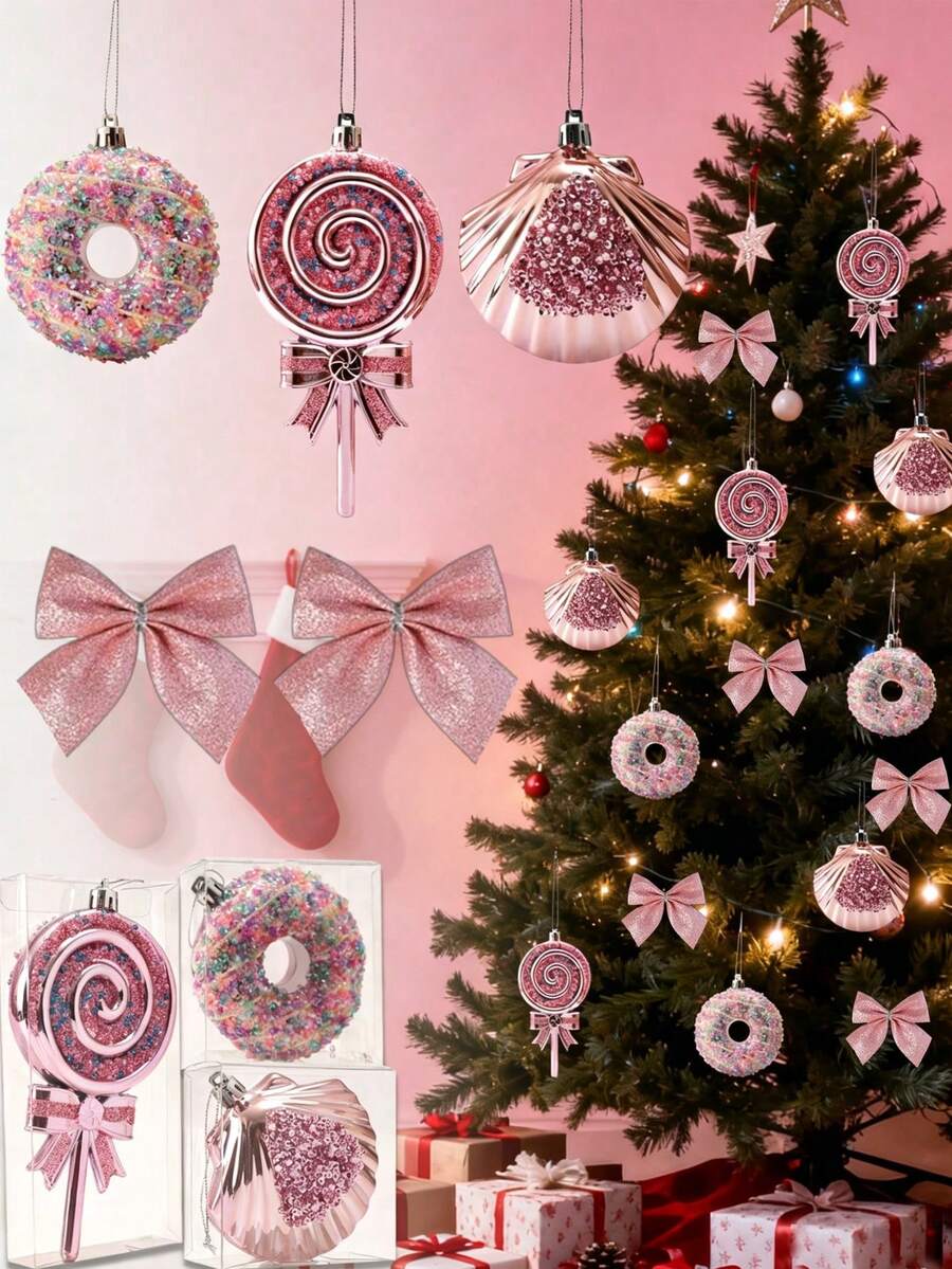 Pink Glitter Christmas Tree Decor Hanging Ornament, Sweet Style 3D Plastic Candy Lollipop Donut Shell Shaped Xmas Decor, Holiday Home Decor, Bedroom, Wedding, Birthday Decor Supplies, New Year Party Atmosphere Decor, Christmas/Winter Decor And Gifts - Pink Pendant - View 1