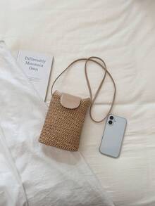 Woven Small Vertical Bucket Bag For Women, Fashionable Versatile Crossbody Phone Bag - Khaki - View 2