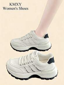 1 Pair Women's Thick Sole Athletic Shoes Lace-Up Patchwork Design Daily Walking Shoes - Black and White - View 2