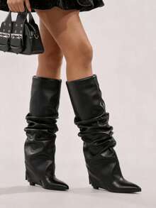 Shark Boots Women's Knee High Boots Solid Color Pointed Toe Fold Over Boots Slouchy Wedges High Heels Shoes Fashionable Party Shoes - 黑色 - 查看 6