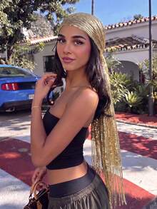 1 buah Jilbab Rumbai Warna Champagne Mengkilap, Gaya Bohemian Elegan untuk Pesta, Jilbab Pelindung Matahari Serbaguna Gaya Jalanan, Cocok untuk Pemakaian Sehari-hari dan Pesta - Sampanye - View 3