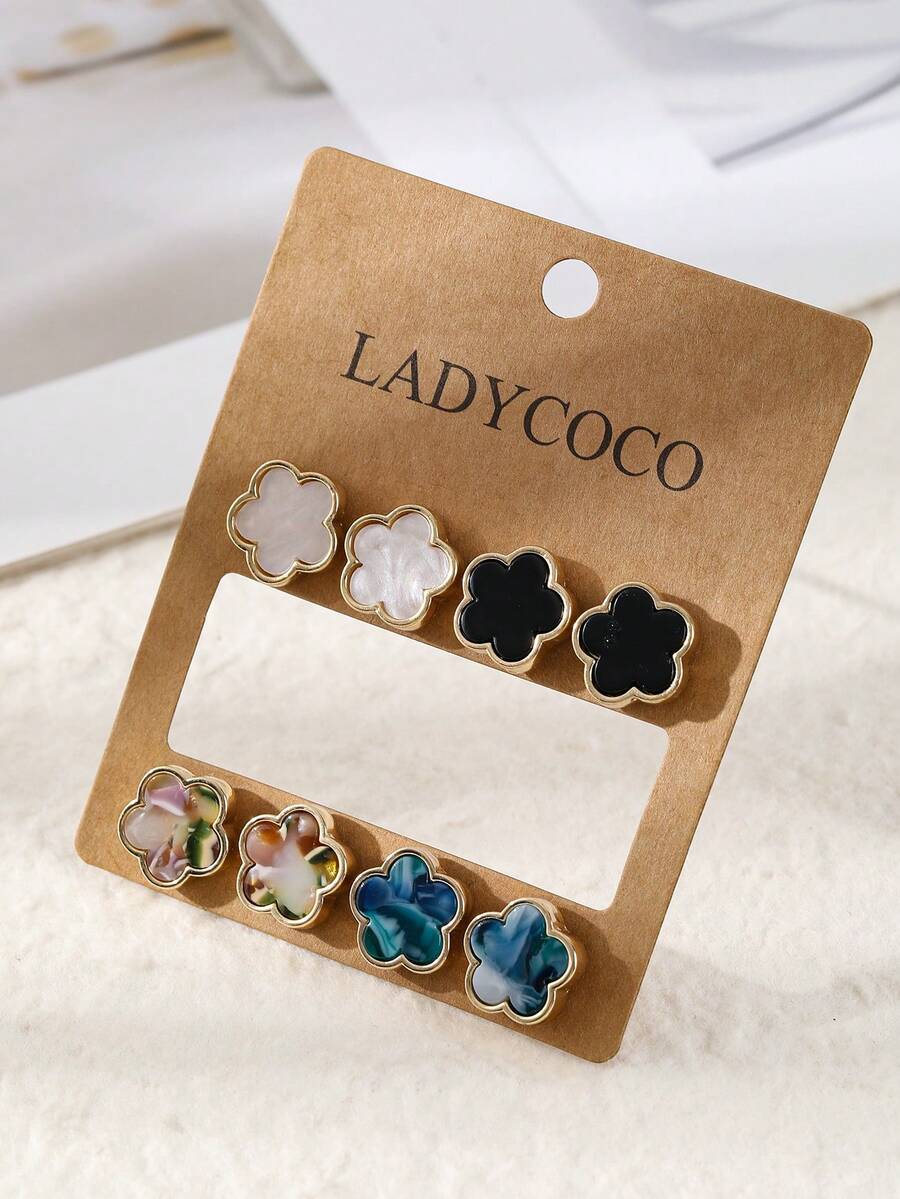 LADYCOCO 4對時尚奢華幸運草女款耳環套組，適合日常百搭耳釘