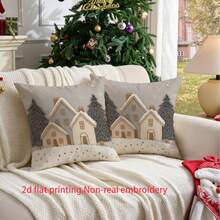 2pcs/Set 2D Flat Print Christmas Pillow Covers, Non-Embroidered Cottage Style Decorative Cushion Covers, Polyester Farmhouse Winter Pillowcases, Suitable For Bedroom Living Room Sofa, Non-Real Embroidery (Pillow Insert Not Included) - Multicolor - View 5