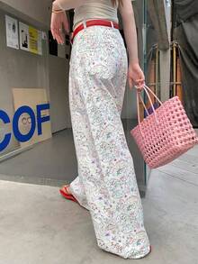 Women's White Denim Jeans With Fish Print, Spring/Autumn New Casual Loose Wide Leg Pants, Slimming Fit (Belt Not Included, Random Print) Vacation Fall - White - View 5