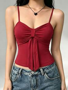 Women's Pure Red Spaghetti Strap Camisole Top With Twisted Front Tie Hem, Fitted Sleeveless Tank For Casual Daily Wear And Dating - Red - View 4
