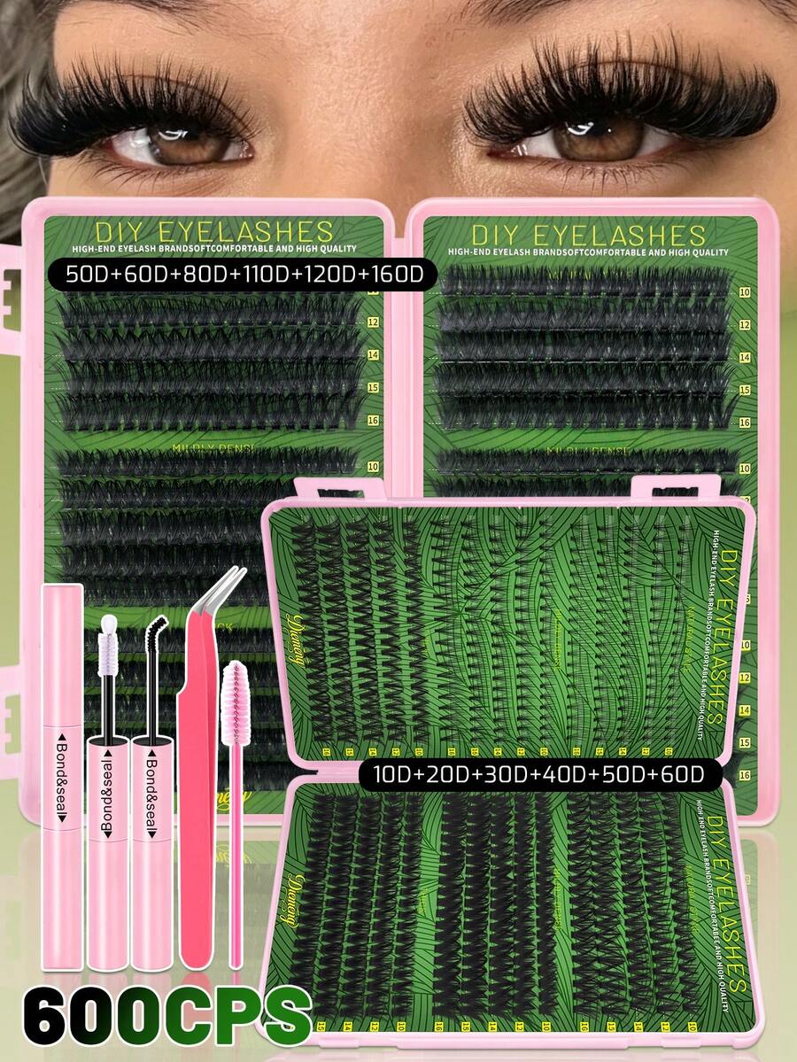 Miss Diamond 600 Clusters False Eyelashes, D Curl, 10D-160D With Adhesive And Sealer, Includes Tweezers And Eyeshadow Brush. High Capacity, Suitable For Beginners, Professionals And DIY Users. Segmented False Eyelashes Set, Easy To Use At Home, Create Voluminous, Fluffy And Natural-Looking Single False Eyelashes. - Black - View 1