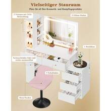 Devoko Vanity Table With LED Mirror, Dressing Table With 5 Drawers, 3 Illuminated Display Cabinets, Open Shelves, Bag Storage, Power Panel, And Selectable Chair Combination, White - 查看 5