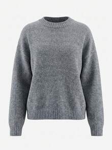 1pc Women's Gray Linen Round Neck Drop Shoulder Knit Sweater, Minimalist Style Top Suitable For Office, Weekend, Gathering - Grey - View 2